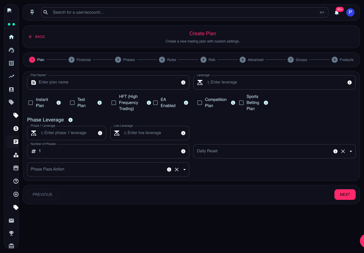 Create Plan page showing the eight-step plan wizard