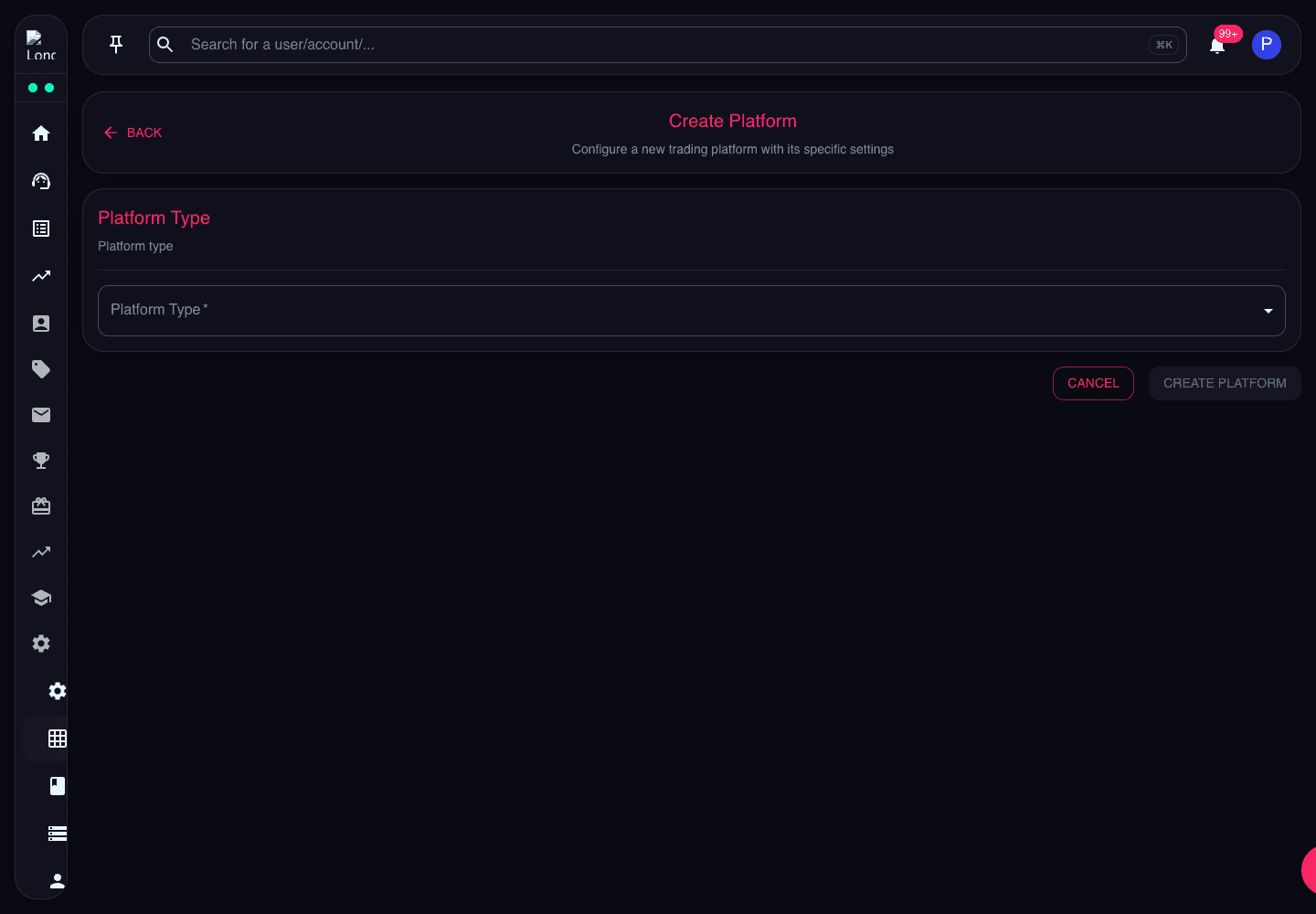 Create Platform page showing platform type field and create action