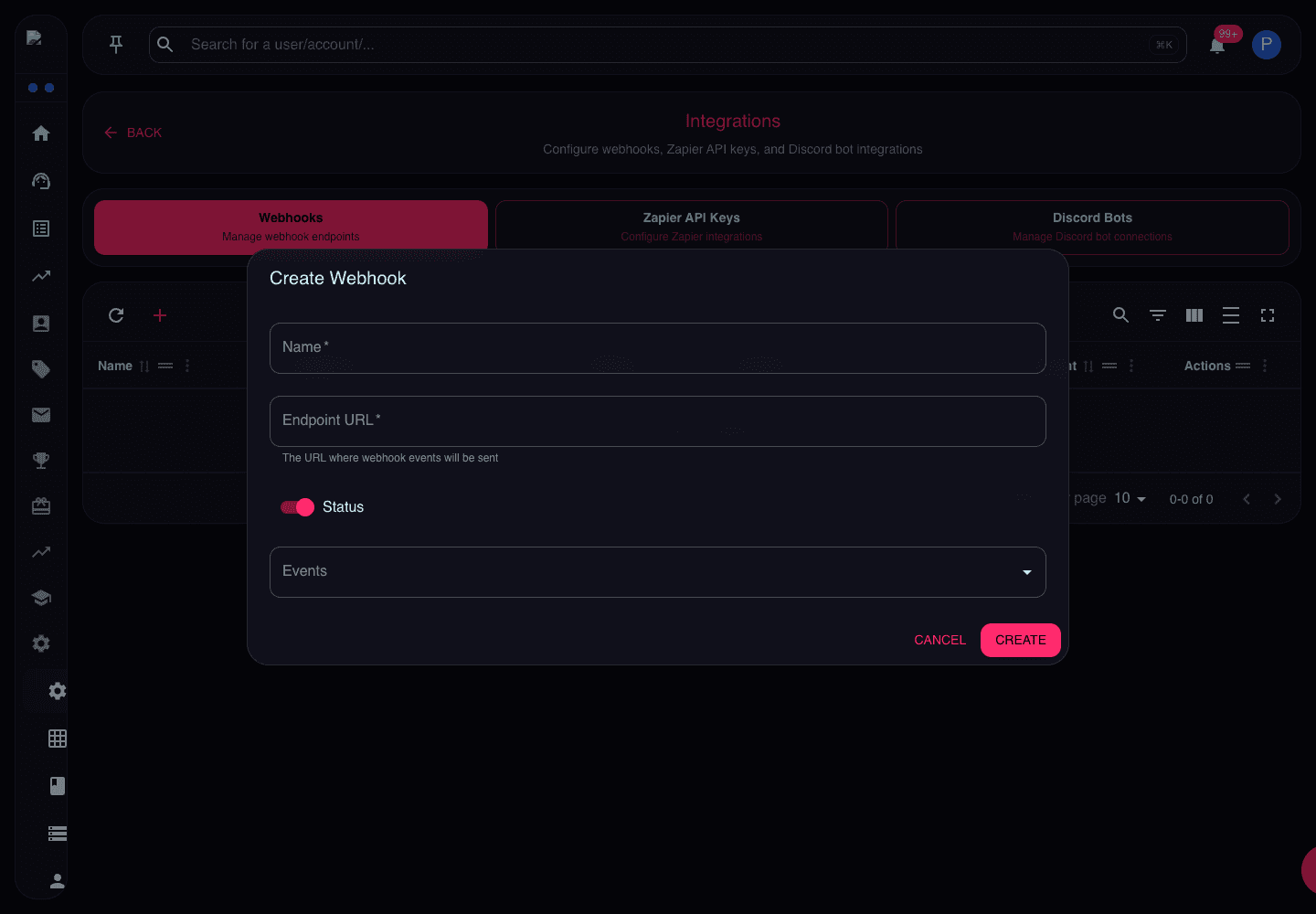 Create Webhook dialog showing name, endpoint URL, status, and event selection