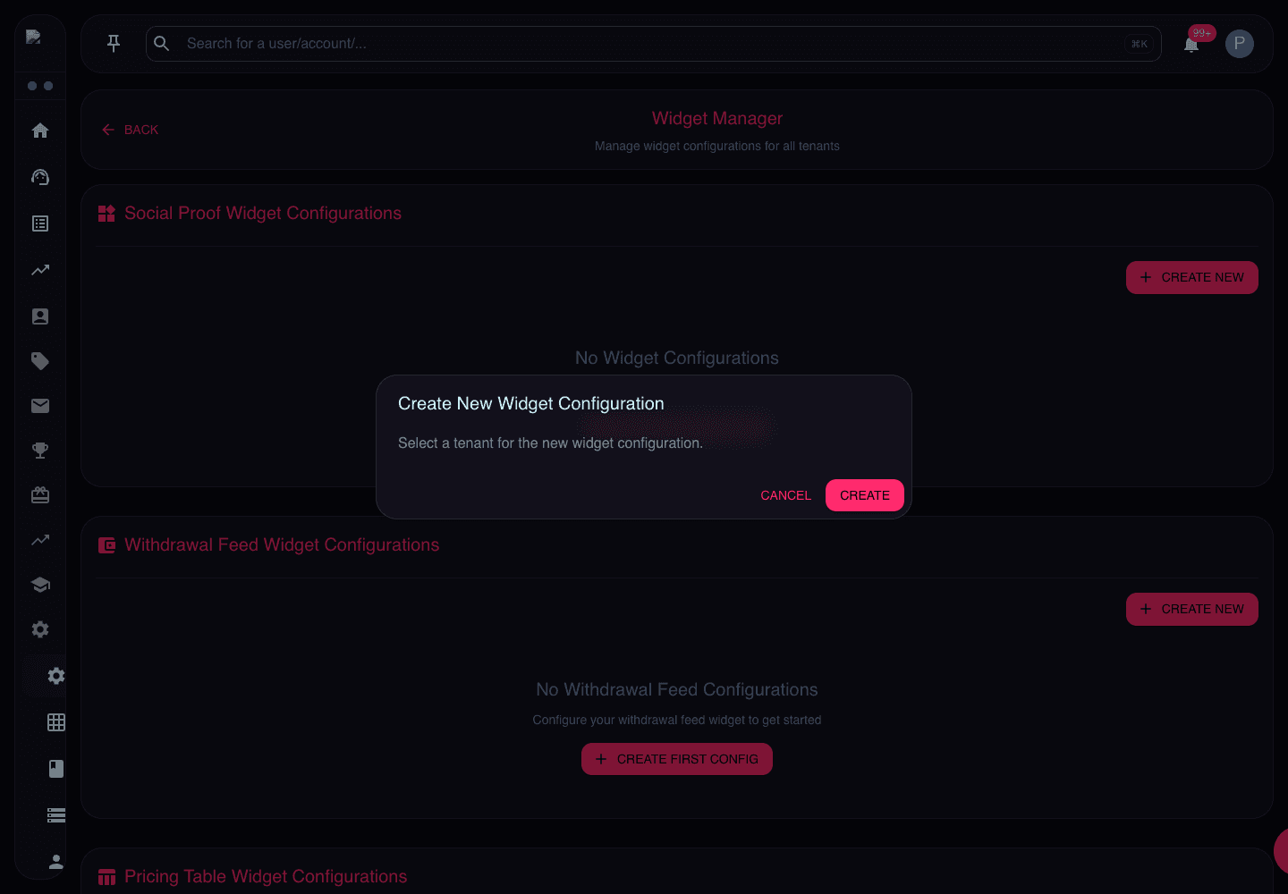 Create Widget Configuration dialog showing tenant selection
