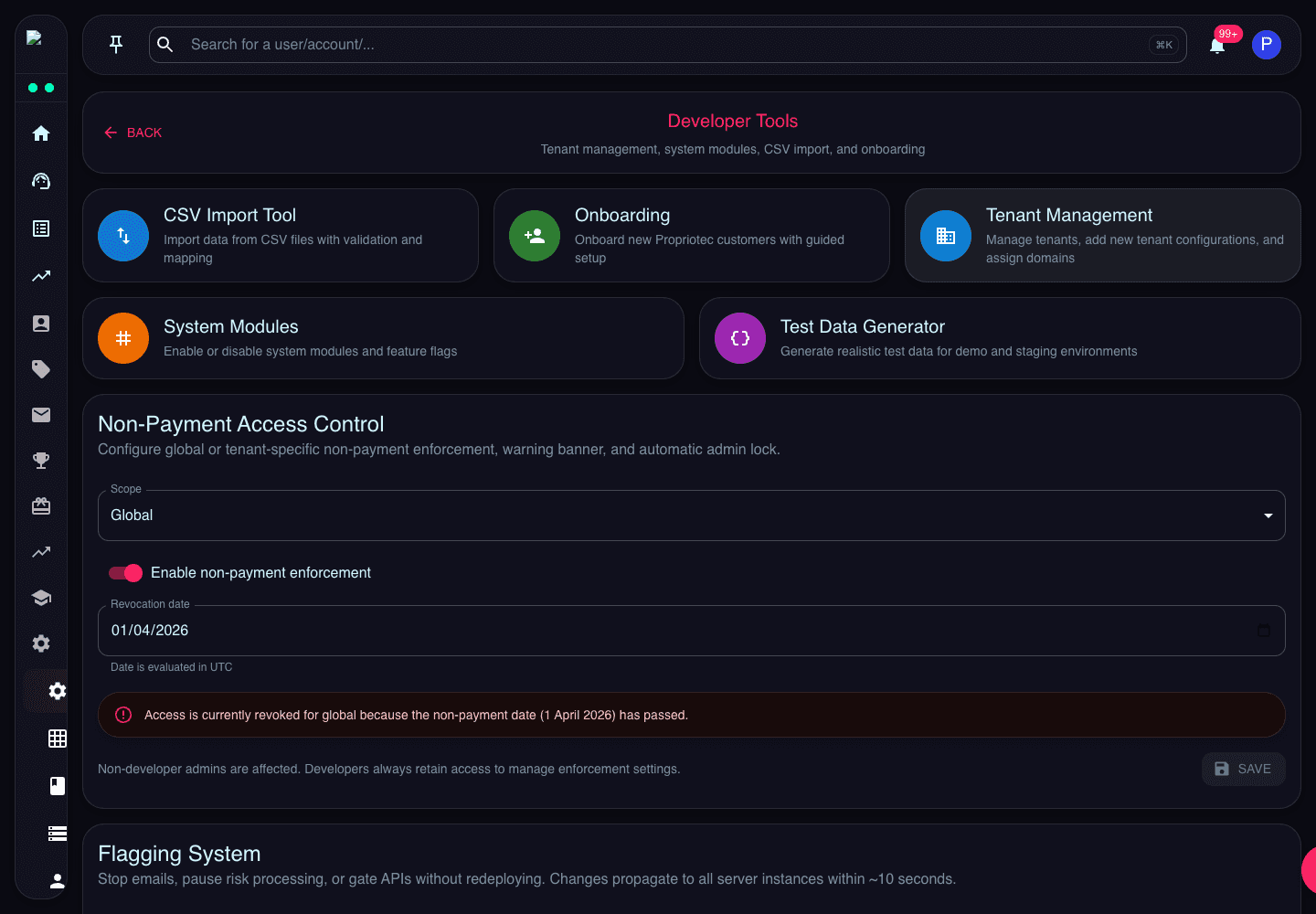 Developer Tools page showing CSV Import Tool, Onboarding, Tenant Management, and System Modules