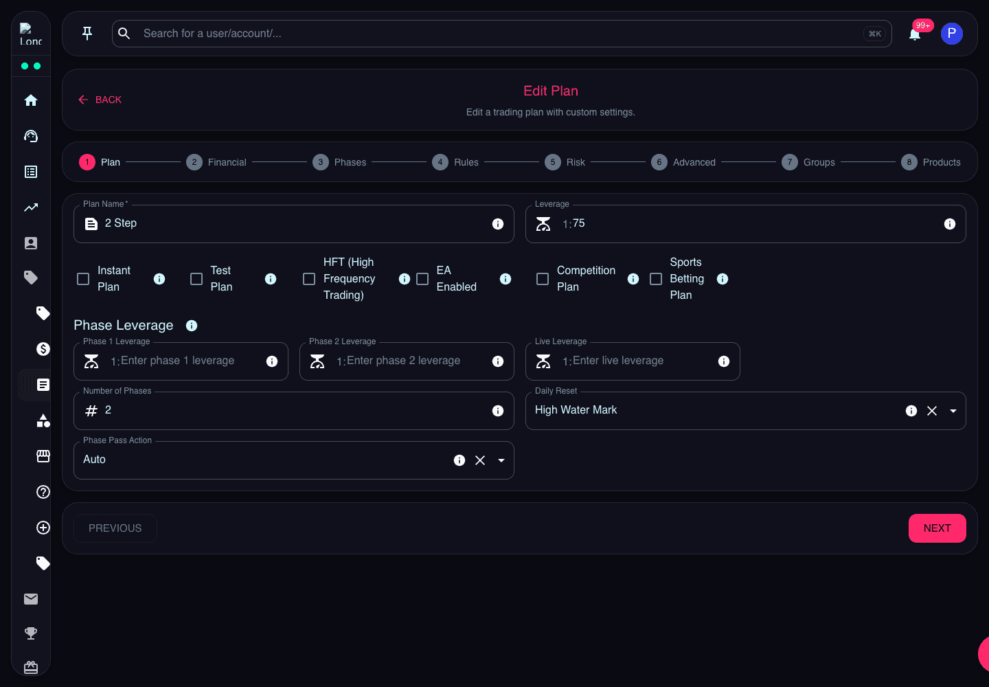 Edit Plan page showing the same wizard populated for an existing plan
