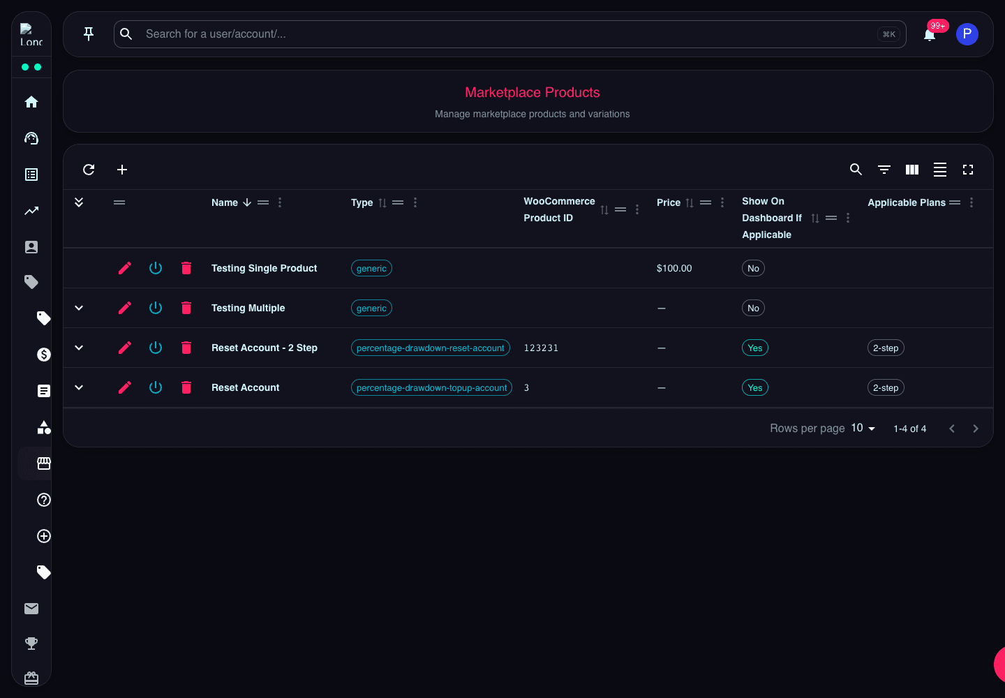 Marketplace Products page showing product type, WooCommerce ID, pricing, dashboard visibility, applicability, and enabled state
