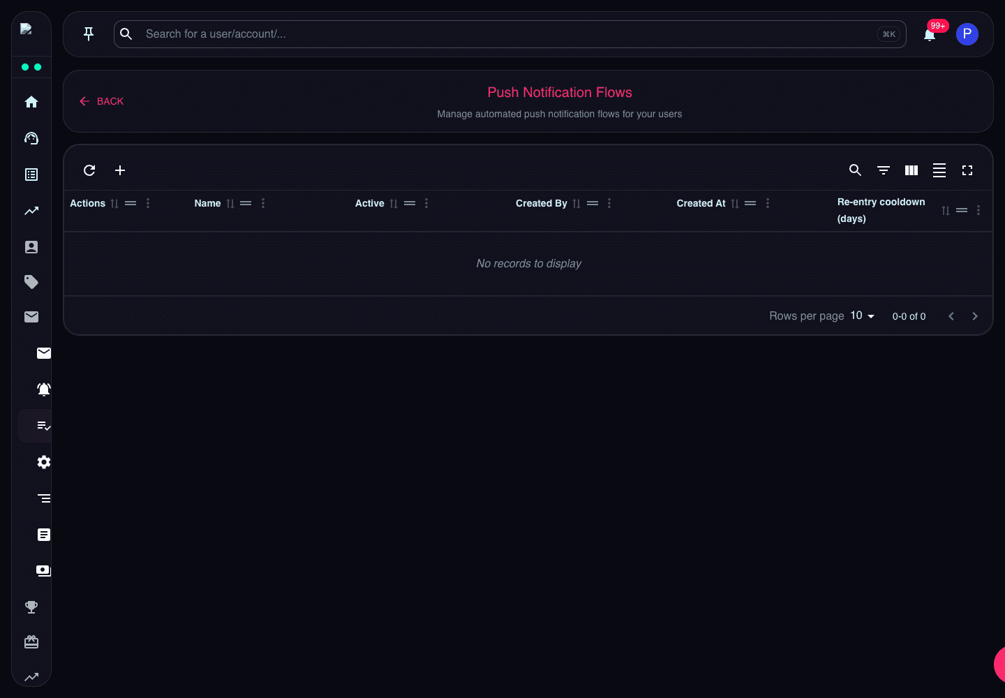 Push Notification Flows page showing automated flow table and re-entry cooldown column