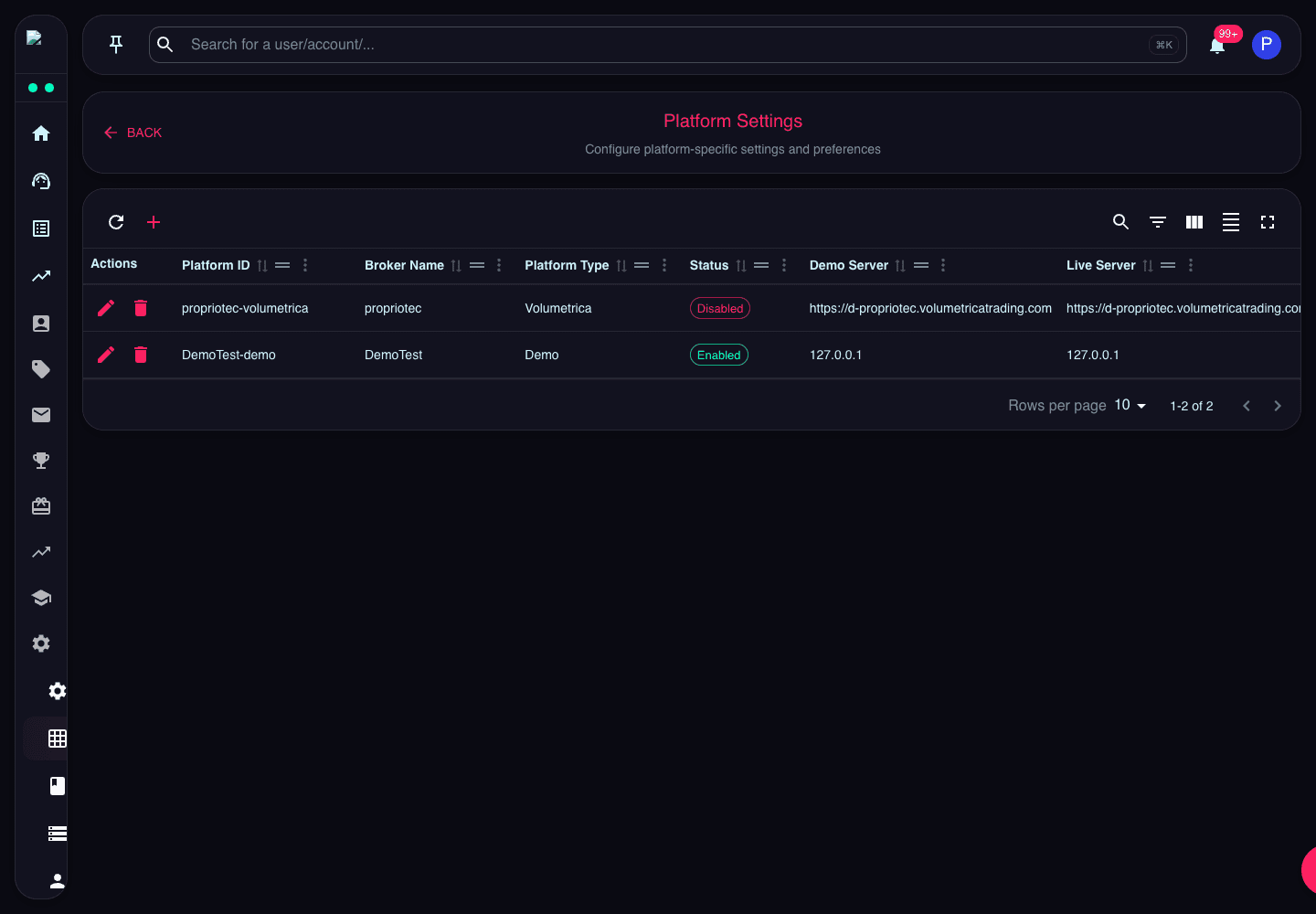 Platform Settings page showing platform ID, broker, platform type, status, server URLs, logins, UTC offset, and bin group