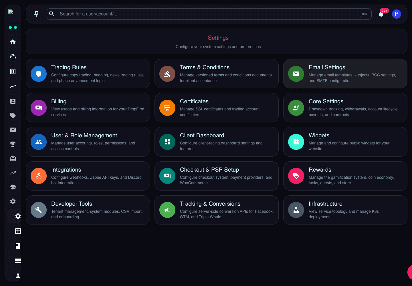 Settings hub showing current configuration cards