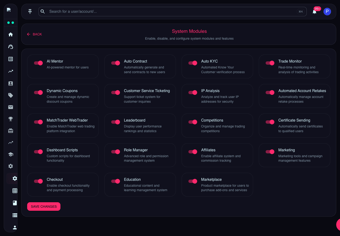 System Modules page showing module toggles such as AI Mentor, Auto Contract, Auto KYC, and trade modules