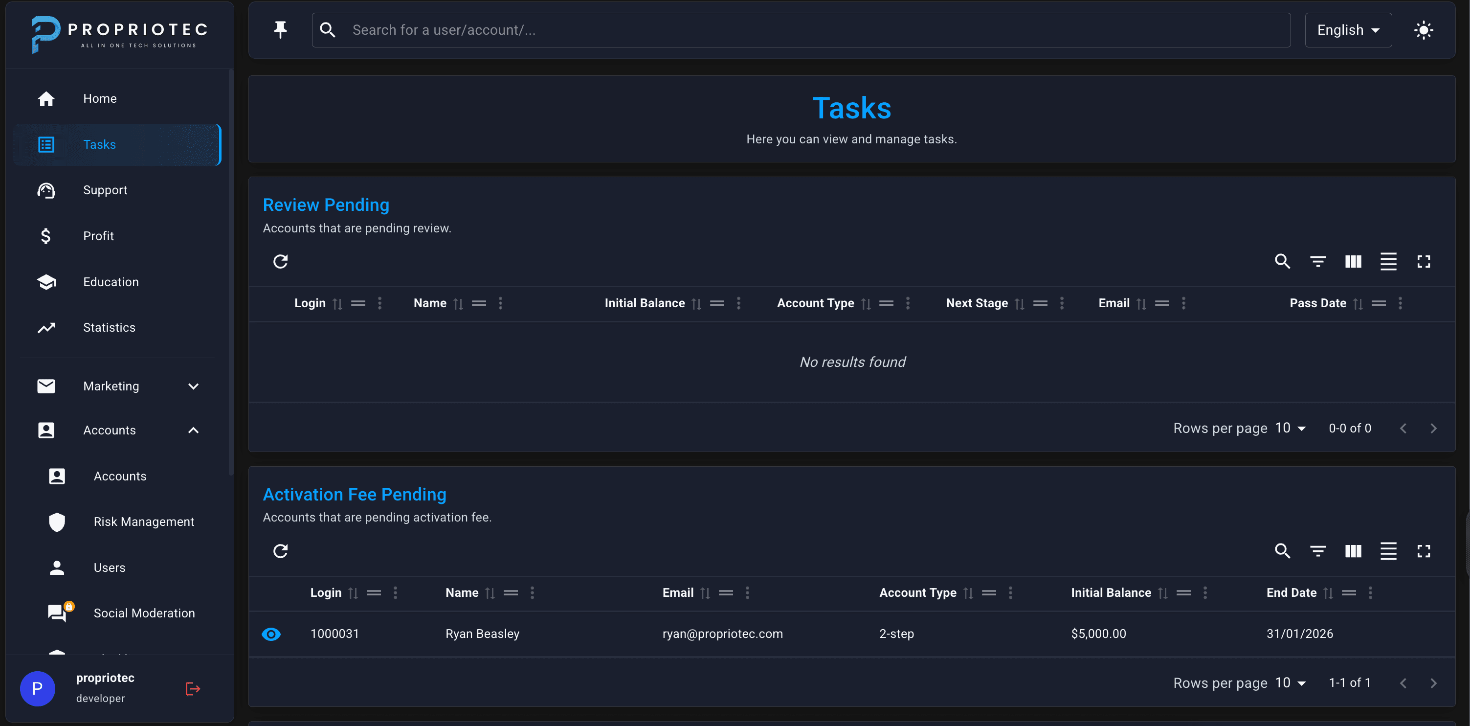 Full Tasks page — all sections