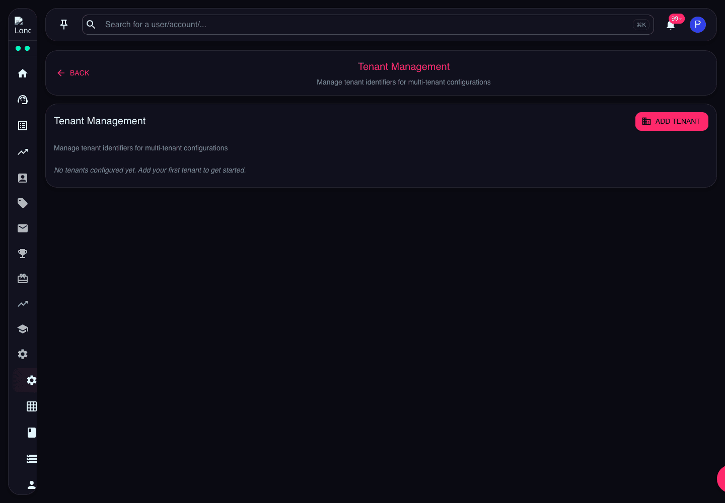 Tenant Management page showing add tenant action and empty tenant state