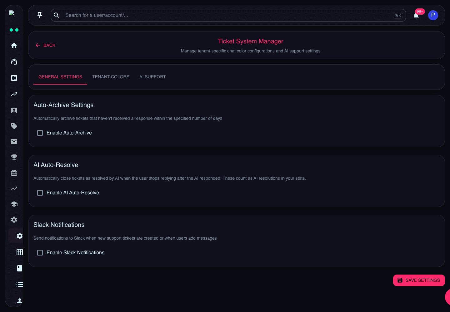 Ticket System Manager page showing general settings, tenant colours, AI support, and auto-archive settings