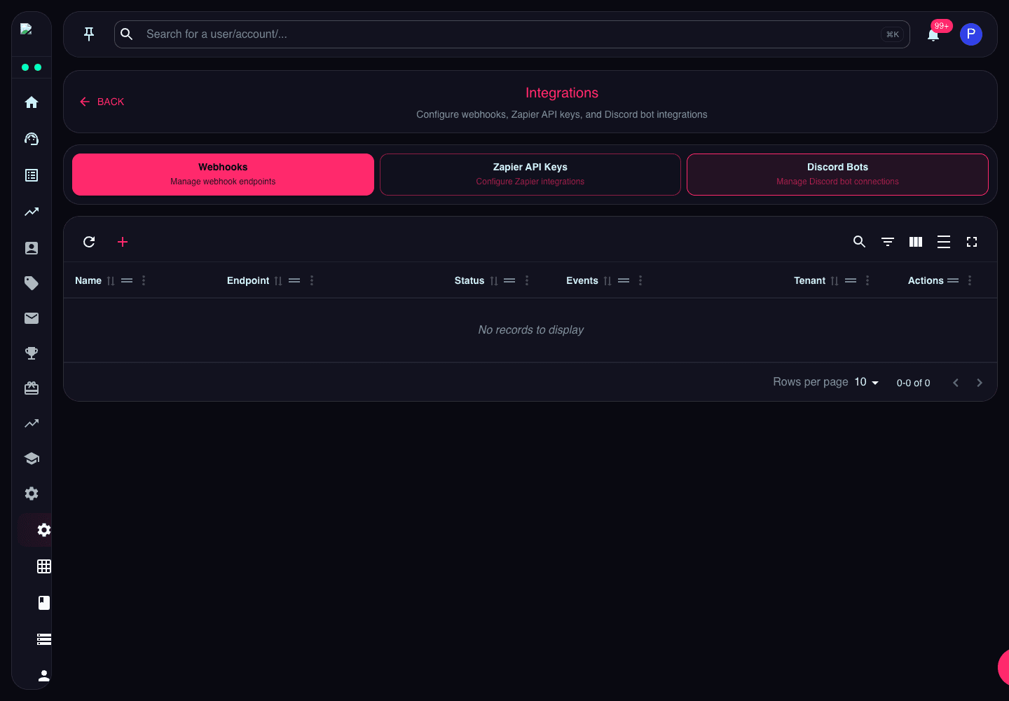 Integrations page showing Webhooks, Zapier API Keys, and Discord Bots tabs