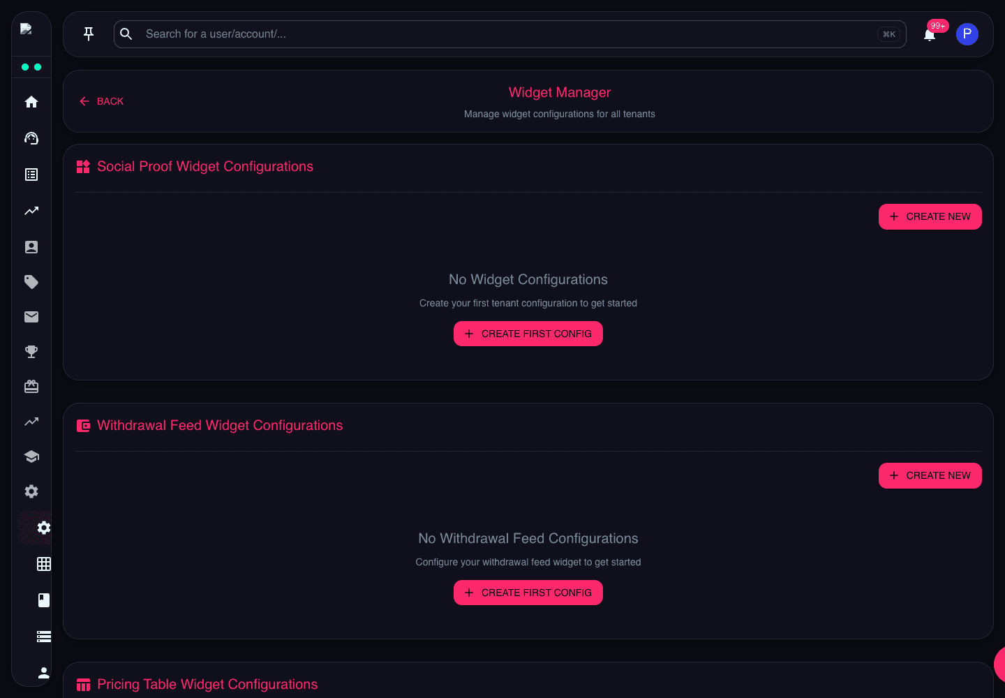 Widget Manager page showing Social Proof Widget and Withdrawal Feed Widget configuration states